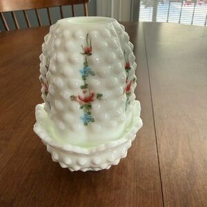 Fenton milk glass fairy lamp with painted roses and blue flowers